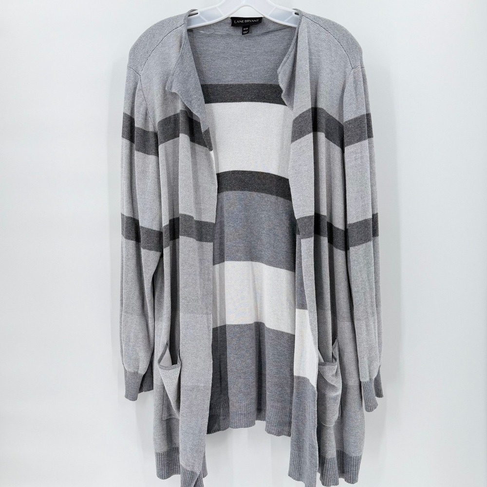 LANE BRYANT Striped Open Front Cardigan Sweater Grey White Plus Size 18/20